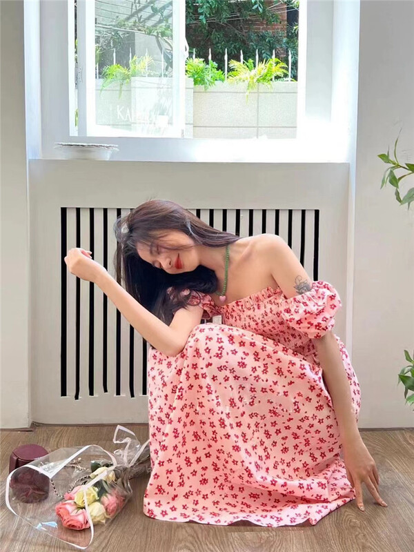 [eleven] square neck floral bubble sleeve dress 2526# PCZ