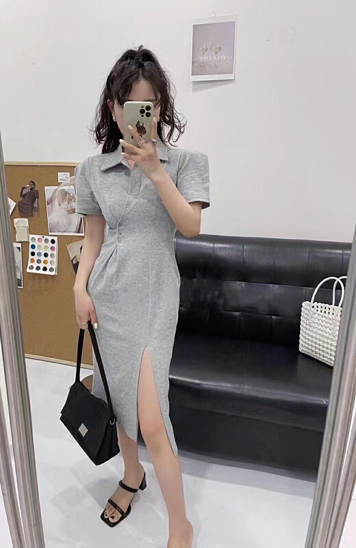 [Hello] Korean series careful machine slit polo collar dress ys6319# lwy