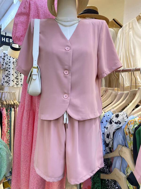 [Fuyue] temperament V-neck button up blouse + drawstring elastic waist fashion Shorts Set 2277# HBx