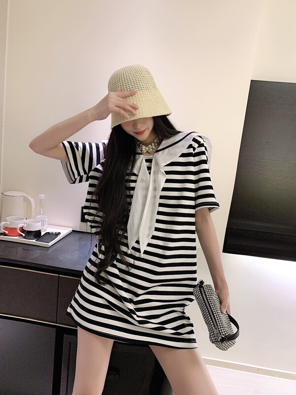 [shuilifang] Navy collar stripe Pullover dress 2221# LSL