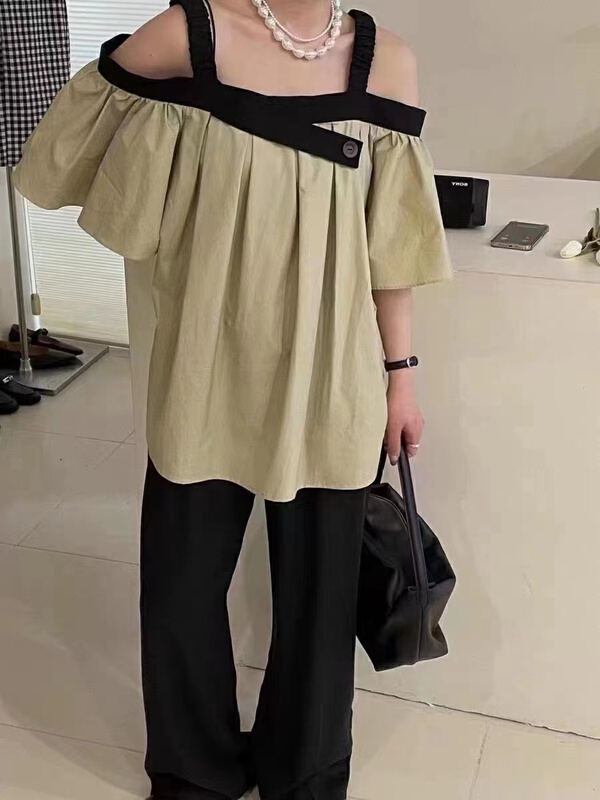 [SME +] gentle wind sling off shoulder contrast small shirt 2638# cqw