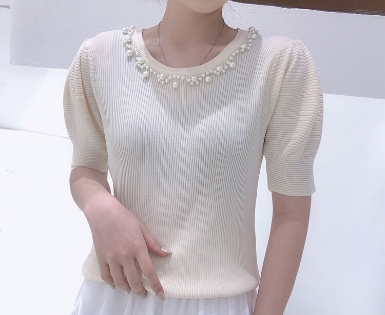[S.J] temperament bubble sleeve stitched bead knit 6832# LSW