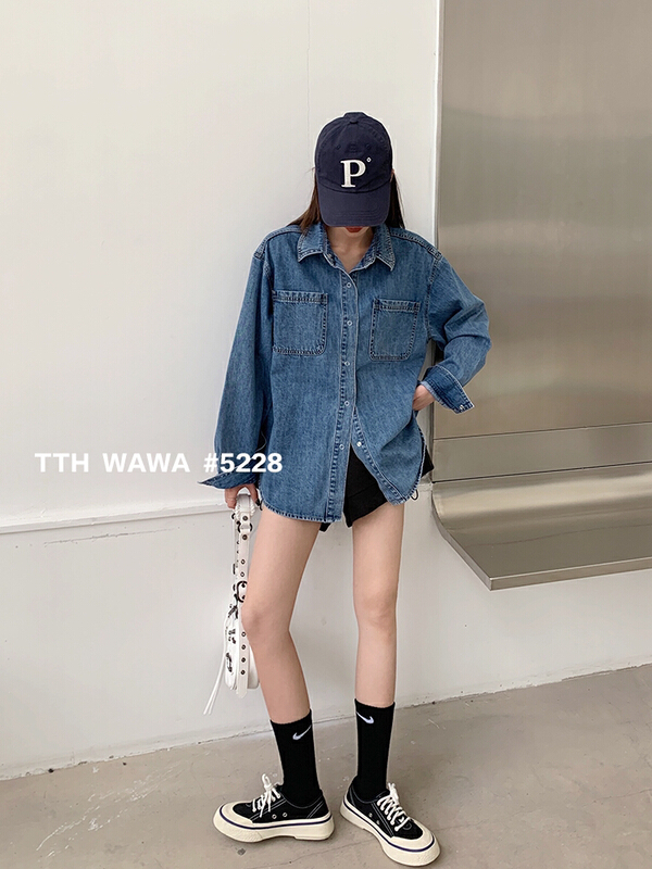 【WAWA】韓版寬鬆刺繡牛仔襯衫  5228#  XYJ