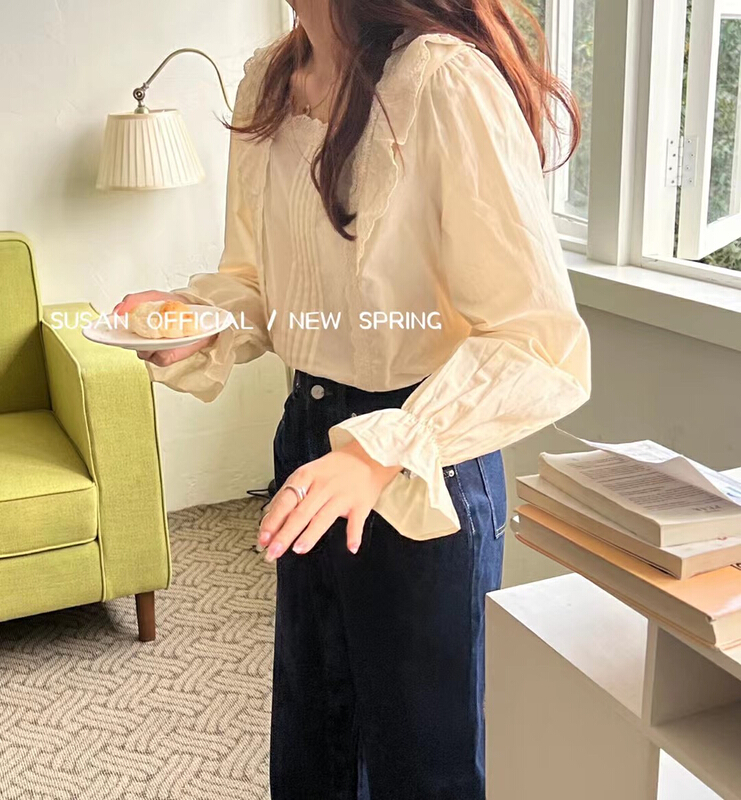 New year in early spring! [Susan] Korean style square neck stitched lace blouse 0016# LSW