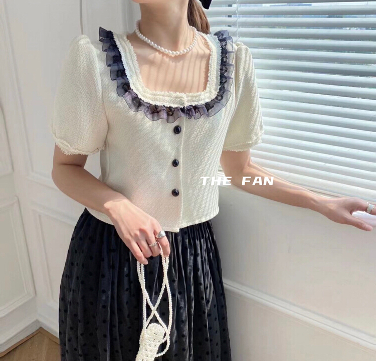 goods in stock! [the fan] Korean version square neck lace edge stitching Knitted Blouse 96602# zxx