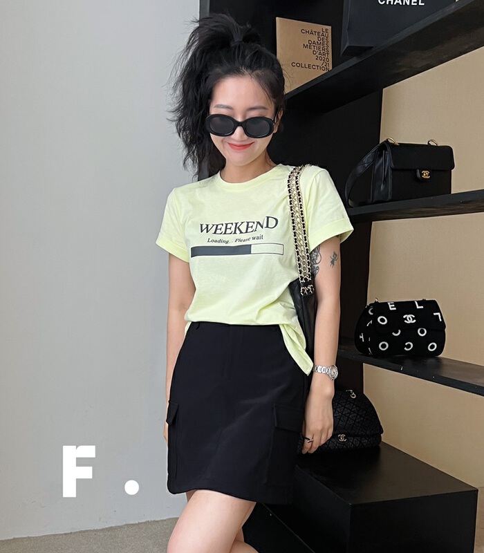 【F】 Korean alphabet print versatile short sleeve T-shirt 6083# zxx