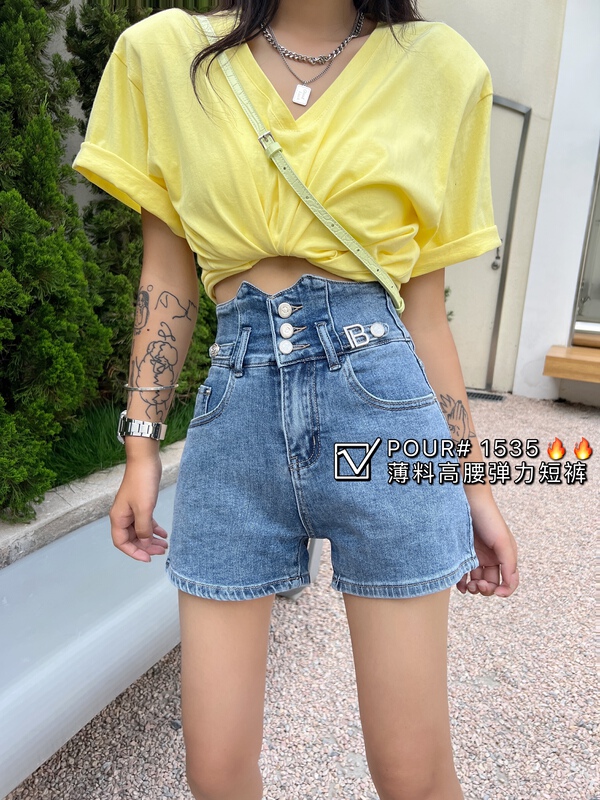 New in early summer! [pour one] Korean fashion high waist denim shorts po1535# L