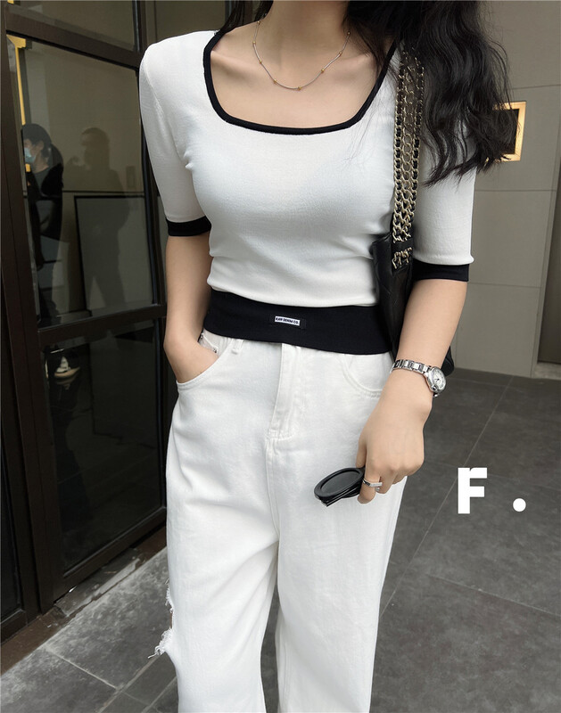New in early summer! 【F】 Korean style square neck short contrast color sweater m108# zxx