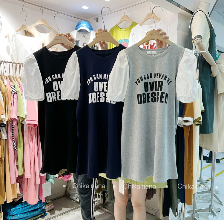 [Yi Jia Yi] Korean alphabet printed bubble sleeve dress 1137# cqw