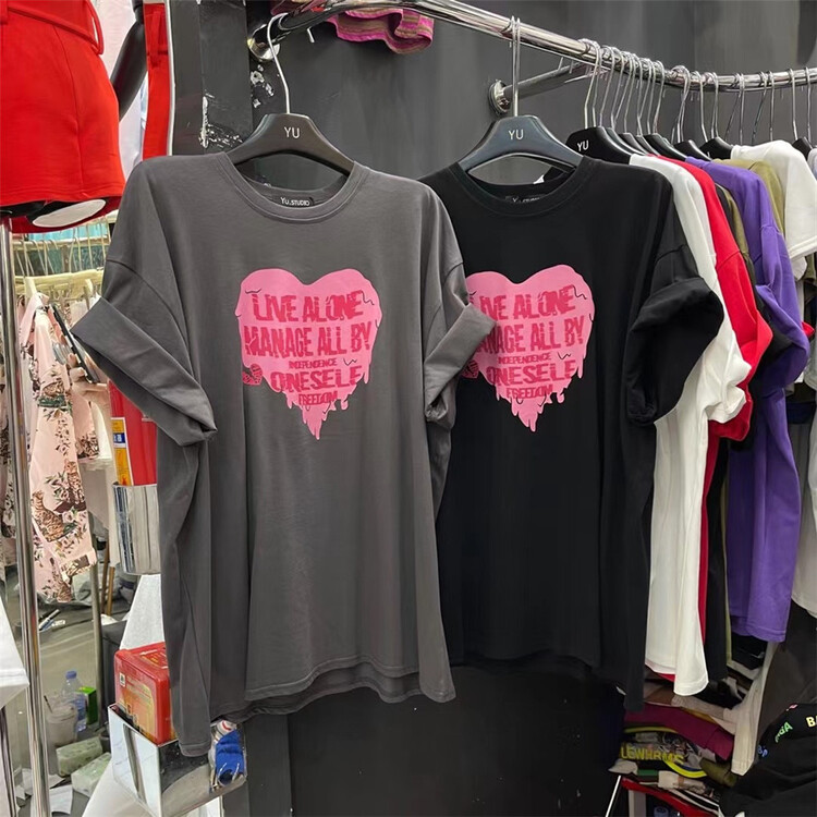 [Yu] love letter round neck versatile short sleeve T-shirt 7966-1# cqw