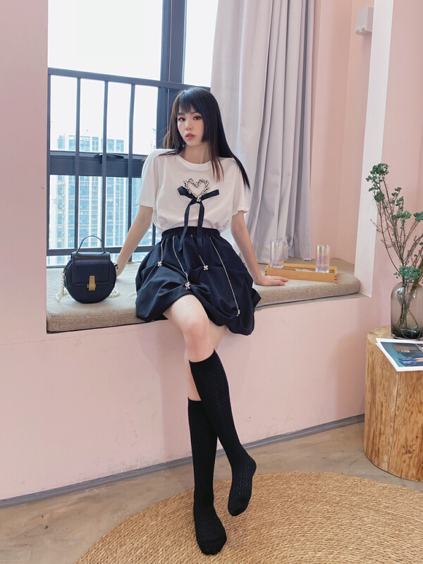 goods in stock! New in early summer! [twins] exquisite Korean heavy handmade diamond love short sleeve T-shirt 3037# hjy