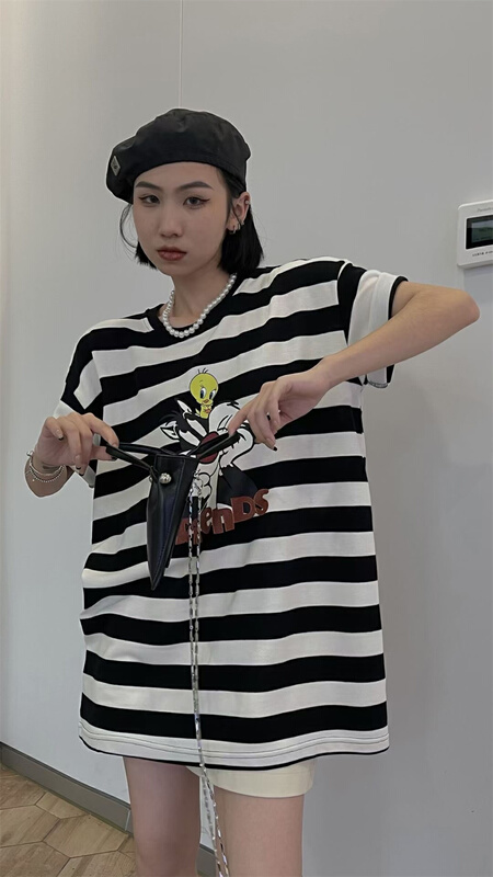 [Sasa] Korean loose stripe cartoon printed short sleeve T-shirt 727# PCZ