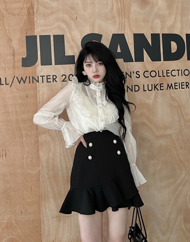 [mi2] temperament stand collar Tencel shirt + fishtail skirt two piece suit a3133# JJ