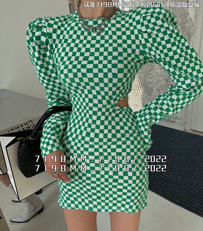 [7198] modern Spice Girl Style chessboard checkered leaky waist dress 22118# PCZ