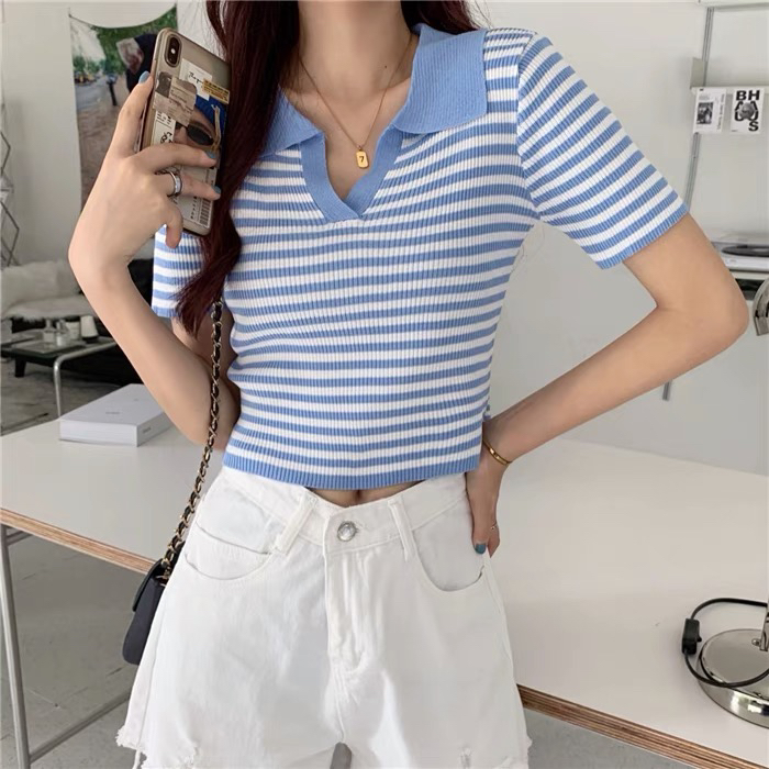 [miss hee hee] Korean version Polo neck stripe short Spice Girl slim fit sweater 481# Cl