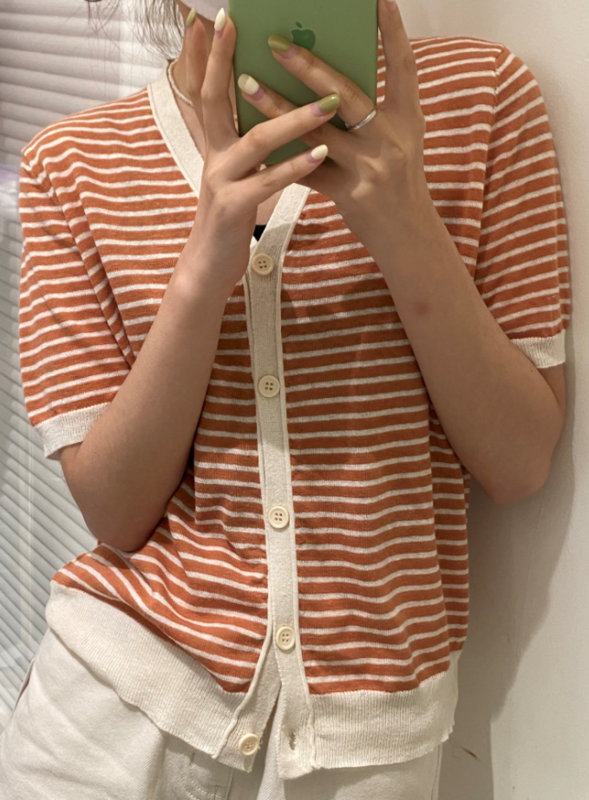 [fifth moon] Korean stripe comfortable short sleeve knit cardigan 9368# CLS