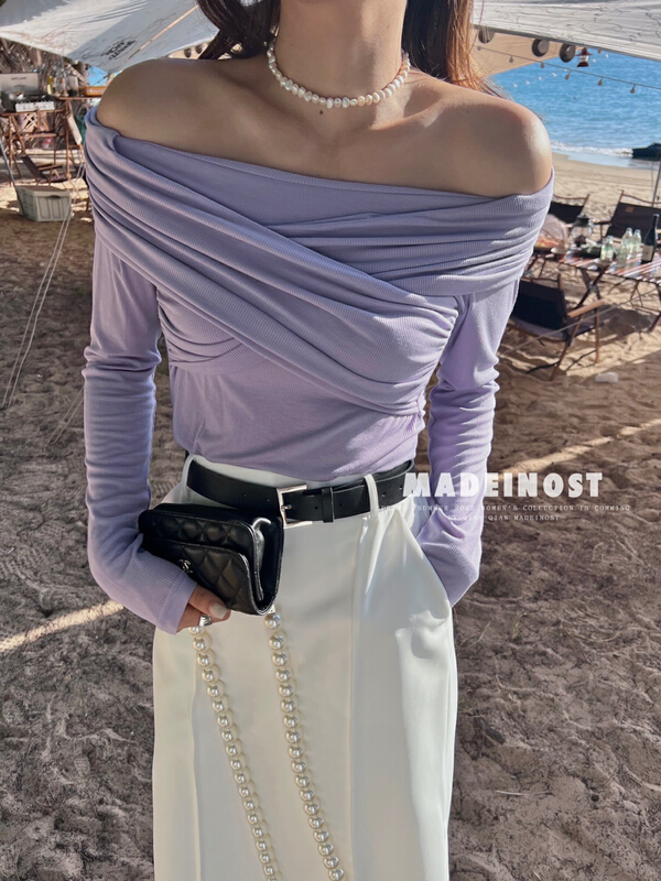 [OSHA madeinost] two pairs of design sense one line shoulder thin pleated knit blouse 86156# ll