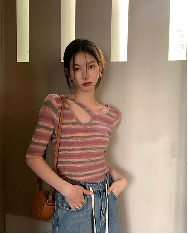 [blue show] hollow out design color blocking short sleeved sweater 6059# LSW