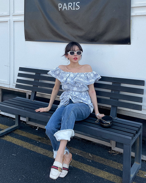 [Angel Yue] one line shoulder aging gentle and thin shirt 114cy# LSL
