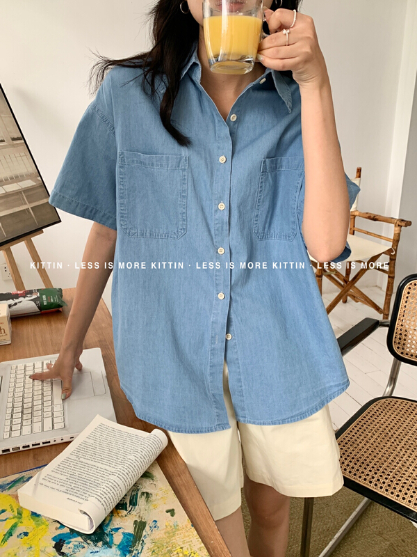 New in early summer! [Kittin] simple basic short sleeve denim shirt 8357# XYY