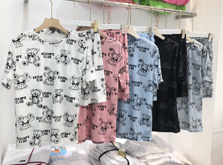 New in early summer! [three thousand gold] Korean round neck bear print Pullover short sleeve + loose and versatile Shorts Set z-5# ll