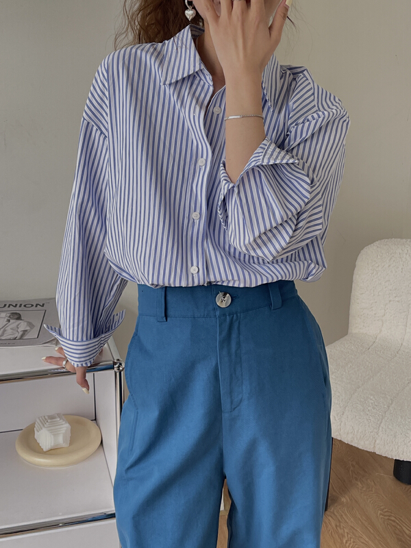 Original price 88.99! New year in early spring! [on line] vertical stripe Korean version single pocket temperament versatile shirt 6077# jhy