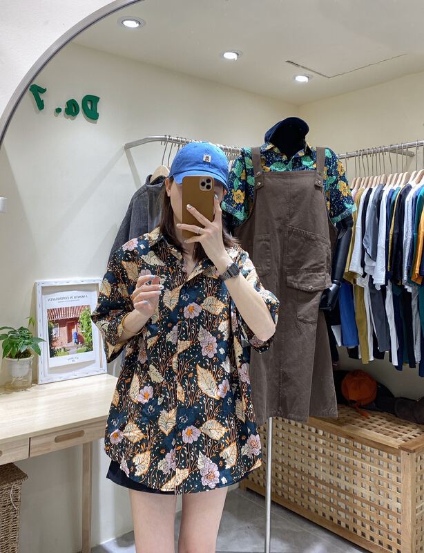 goods in stock! New in early summer! [da. 7] leaf flower short sleeve button up shirt 2372-1# LSL