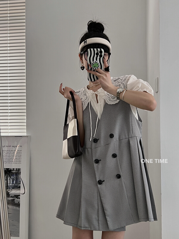 goods in stock! [one time] pleated loose double breasted strap skirt 29268# CLS