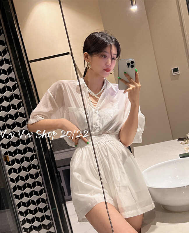 [v.v] Korean solid color sunscreen shirt + elastic waist casual shorts two piece suit 7235# cqw