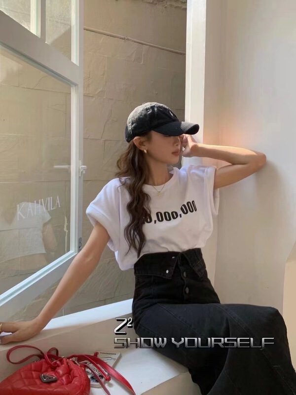 [top] Korean alphabet printed short sleeve T-shirt + high waist denim skirt set 2039# zjy