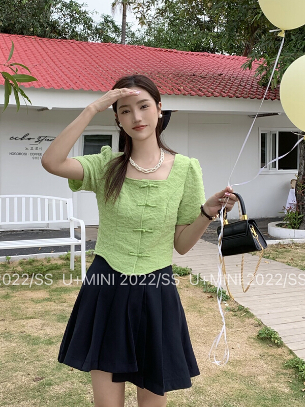 [U + Mini] slim fit square neck pleated solid color blouse d0619# WPL