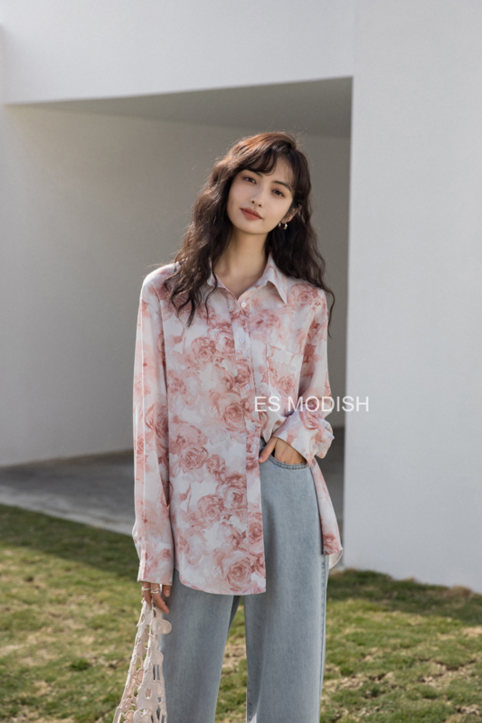 goods in stock! New year in early spring! [es modish] Korean lazy style printed casual shirt bl1511# XYJ