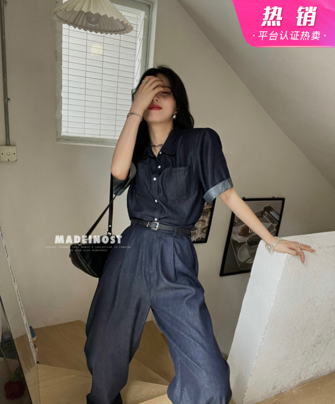 [OSHA madeinost] retro handsome casual denim short sleeve shirt 86326# ll