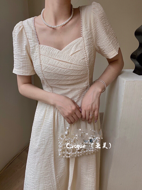 [c.vogue] gentle French Hepburn style waist closing square neck dress 295700# PCZ