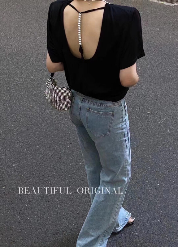 [h · l] Korean solid pearl decorative backless short sleeve T-shirt 6628# PCZ