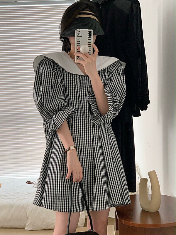 【 bobi 】 large lapel contrast checked Lantern Sleeve Dress 8885# hjy