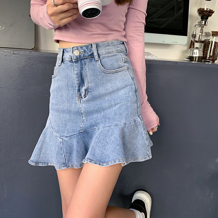New in early summer! [K.M] spice girl high waist denim ruffled fishtail skirt 293# Cl