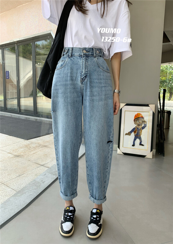 [suxinlan] high waisted jeans with holes and loose design 13250-6# LSL