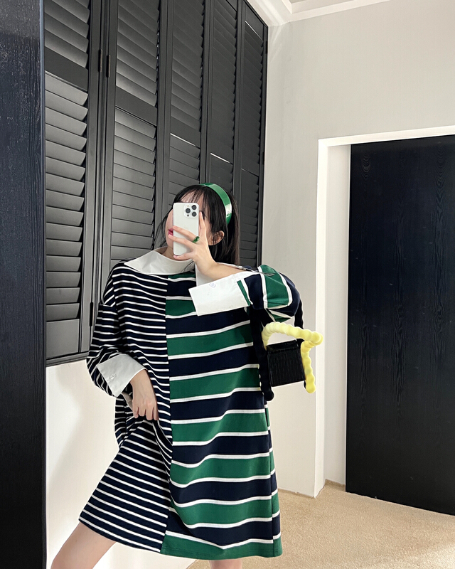 New year in early spring! [unit] patchwork contrast stripe dress 8950# cqw