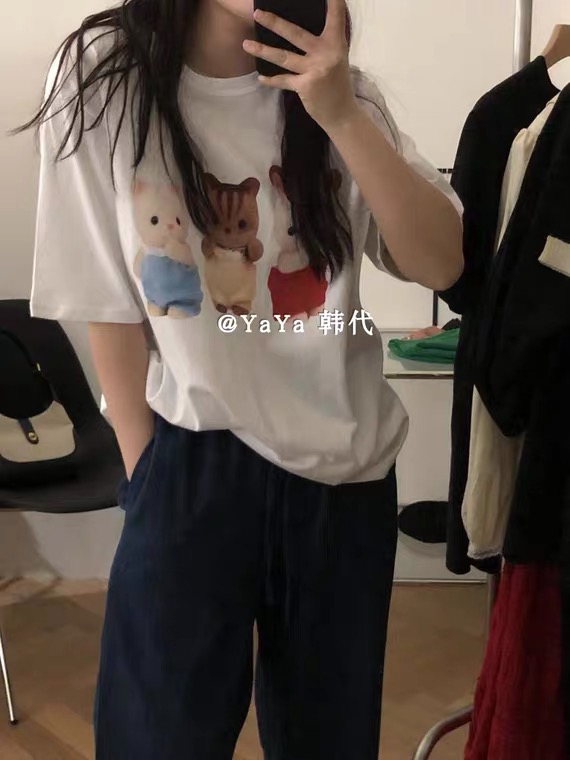 New in early summer! [Anan] simple casual cartoon print loose medium length short sleeve T-shirt 2095# WTT