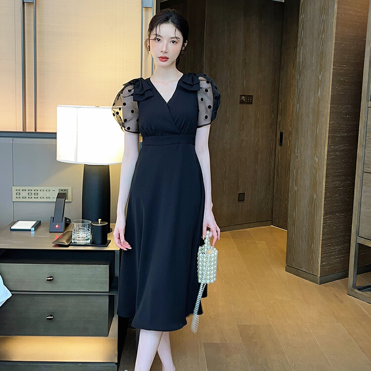 [Hanna Hanna] retro French V-neck polka dot dress m5256# XJ
