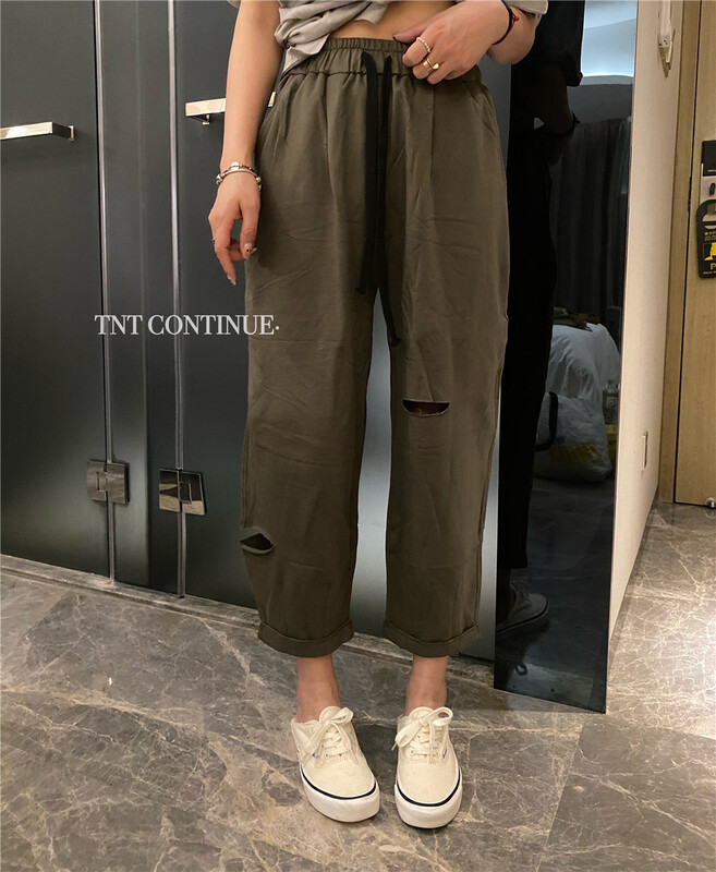 [TNT continue] fashionable and versatile loose hole lace up casual pants 60037# L