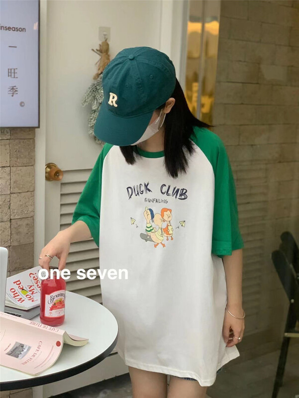 [one seven] Korean print color blocking raglan sleeve short sleeve T-shirt 5056# XYY