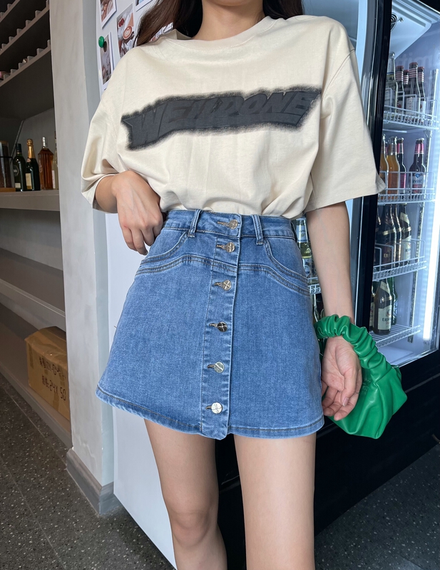 [Mi & Co Wu] Korean breasted elastic denim skirt t1996# hjy