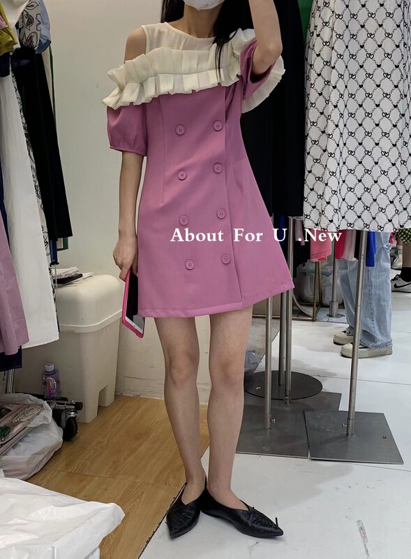goods in stock! New in early summer! [about for u] Korean round neck off shoulder fungus edge double breasted dress 66156# lwy