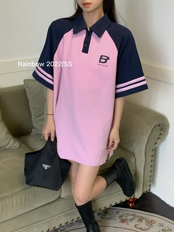New in early summer! [Meet Rainbow] raglan sleeve polo collar medium long short sleeve T-shirt 08088# LSL