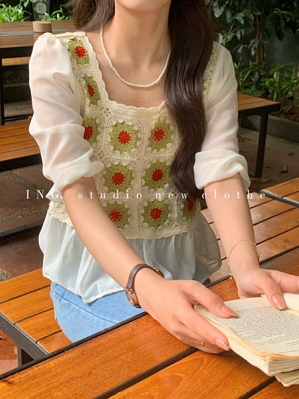 [ing] temperament square neckline hook flower hollowed out Chiffon splicing shirt ing-7797# HBx