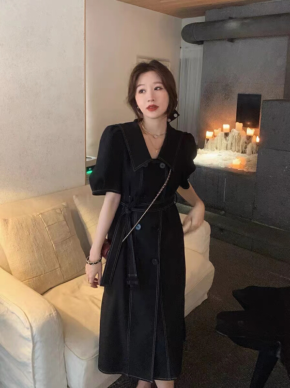 New in early summer! [are studio] simple and versatile Lapel double row Button Waist Dress (with belt) 81061# WPL