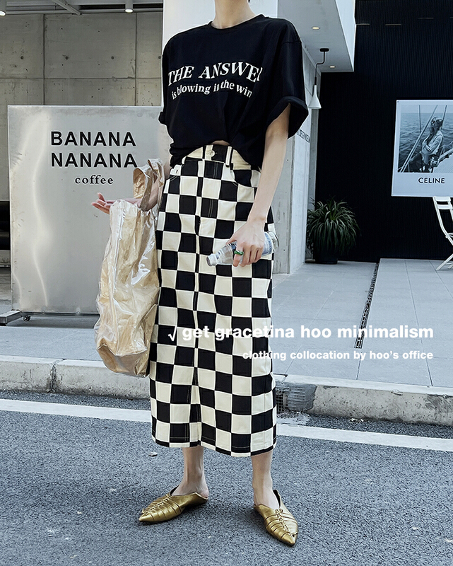 [gracetina Hoo] simple niche checkerboard front slit skirt bq2125# zxl