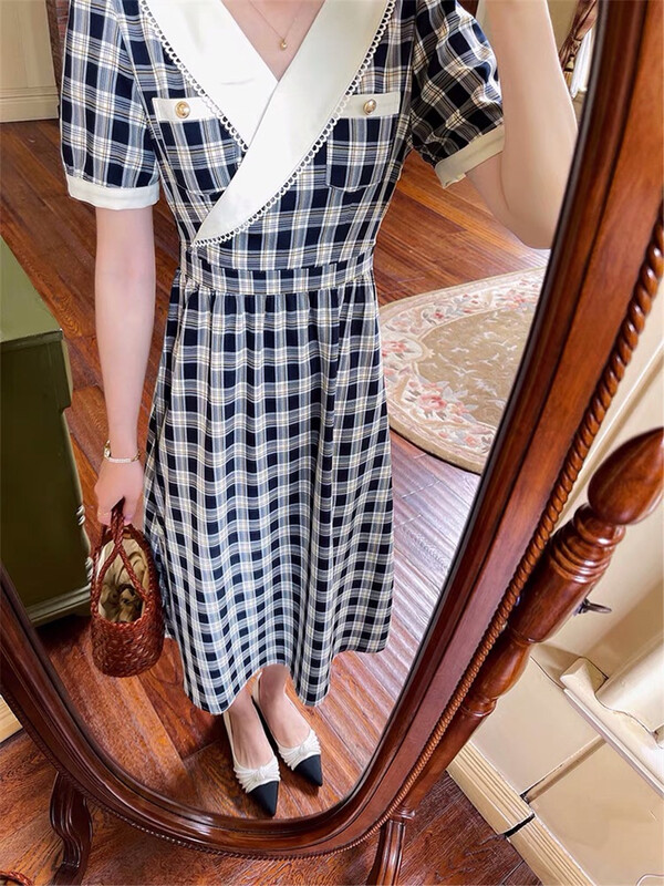 [Sumi] Korean Vintage Plaid waist closing dress 22575# zjy